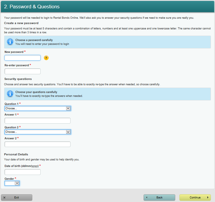 screen shot of Password and Security Questions request
